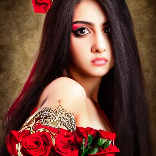 Image similar to young girl arabic oriental, black long hair, sharpe eyes very very beautiful, holding red rose high resolution 8 k, very detailed