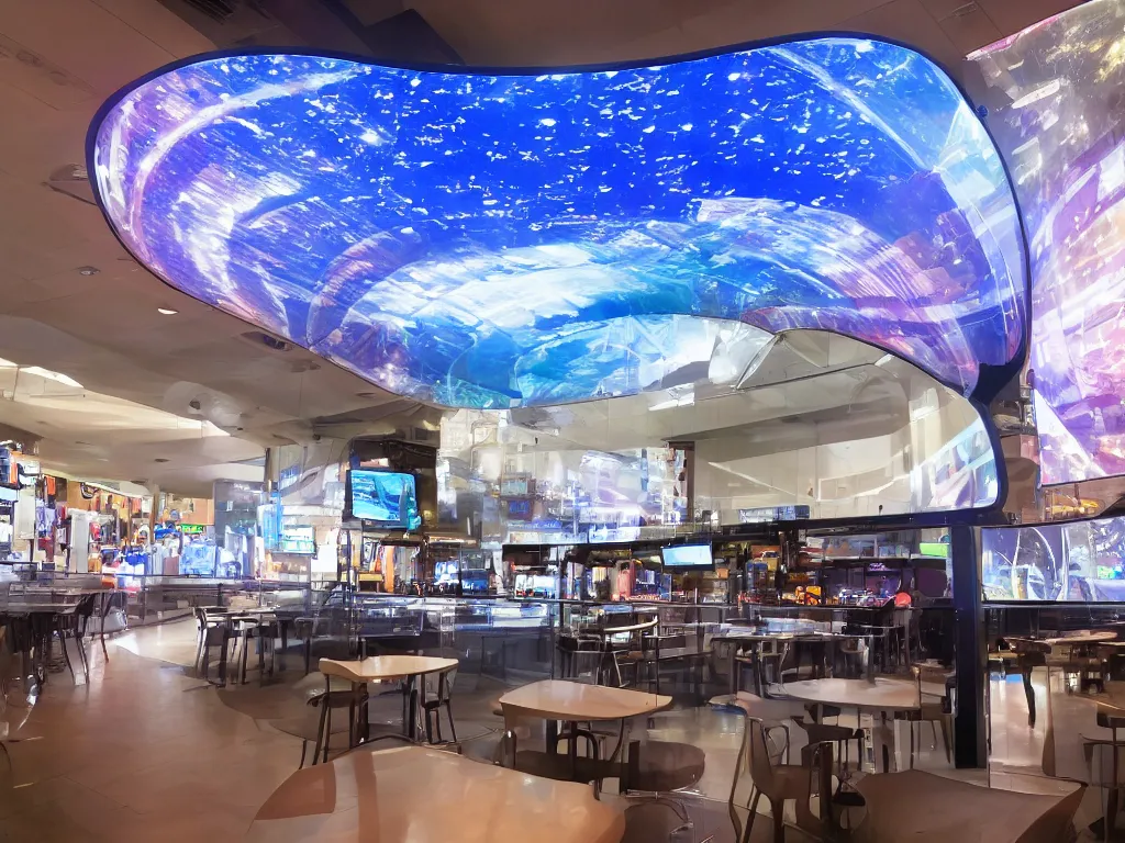 Image similar to visor with curved translucent screens projecting detailed sci - fi art ( 2 0 4 2 ), pixel perfect photograph, high contrast, volumetric lighting, thin glowing lights, cafe, chairs, users, pair of keys