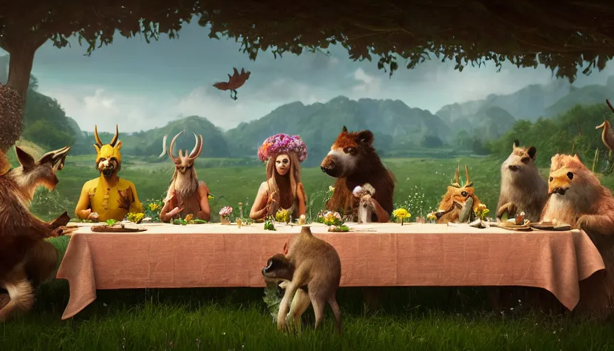 Image similar to a table dinner of animals where animals are dressed like the characters from the midsommar movie wearing flowers, realistic detailed digital art by maxwell boas jessica rossier christian dimitrov anton fadeev trending on artstation cgsociety rendered in unreal engine 4 k hq