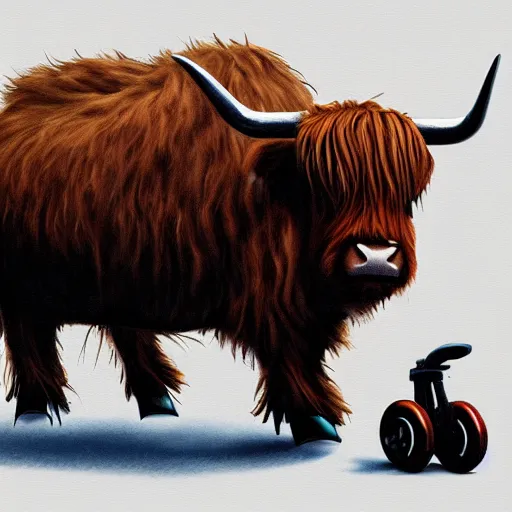 Image similar to a highland cow wearing roller skates, concept art, artstation, cinematic