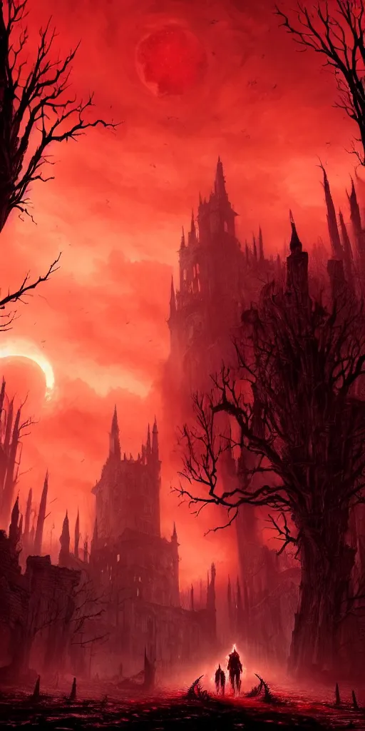 Image similar to abandoned bloodborne old valley with a obscure person at the centre and a ruined gothic city in the background, trees and stars in the background, falling red petals, epic red - orange moonlight, perfect lightning, wallpaper illustration by niko delort and kentaro miura, 4 k, ultra realistic