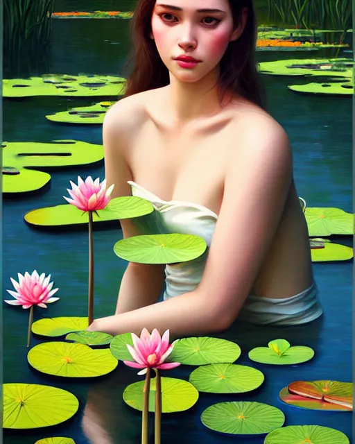 Image similar to stylized portrait of an artistic pose, composition, young lady sorrounded by nature, water lilies, flowers, realistic shaded, fine details, realistic shaded lighting poster by ilya kuvshinov, magali villeneuve, artgerm, jeremy lipkin and michael garmash and rob rey