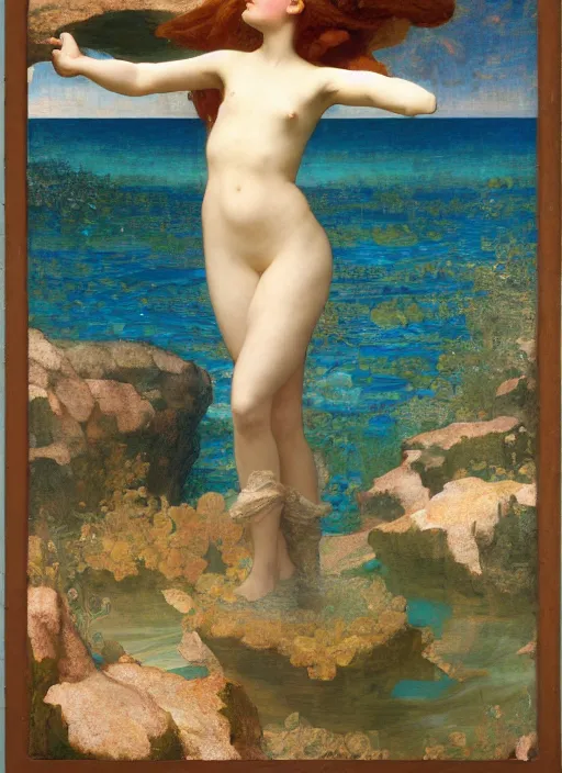 Image similar to under the sea, preraphaelite colour photography by frederic leighton, 8 k