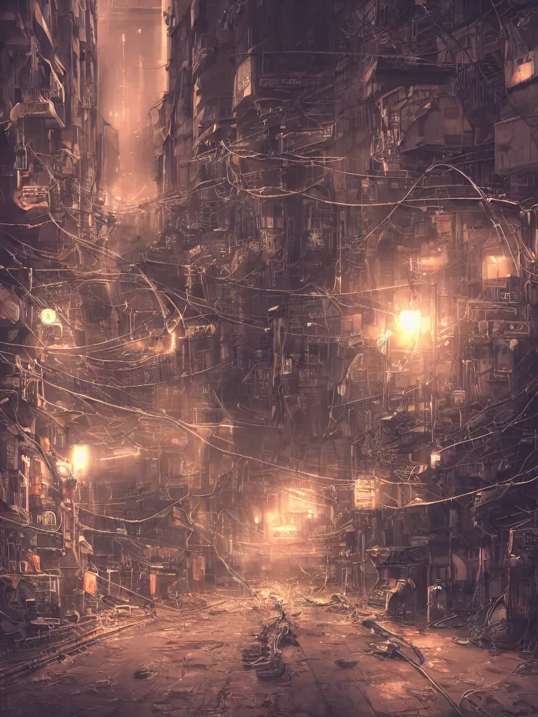 Prompt: futuristic dieselpunk street, cable stone ground. lots hanging cables, tiny wires on the ground. narrow, garbage on the ground. rain. fog, haze, evening. led screens. neon signs. very sharp. cables on the ground. very messy. futuristic. photorealistic. artstation. anime. studio gimbli style. golden rate.