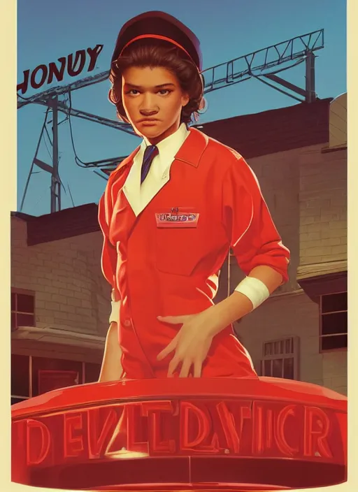 Image similar to poster artwork by michael whelan and laurent durieux, portrait of a high school student zendaya!!!!! wearing rr diner uniform working at the local diner, confectioner in a pastry shop, full length shot, shining, from scene from twin peaks, clean