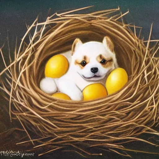 Prompt: concept art of a baby corgi sleeping in an egg in a nest, anne geddes