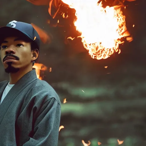 Image similar to cinematic film still of Chance The Rapper starring as a Samurai holding fire, Japanese CGI, VFX, 2022, 40mm lens, shallow depth of field, film photography