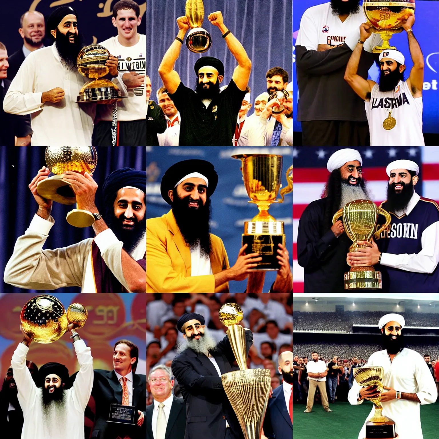 Prompt: photo of osama bin laden lifting larry o'brien trophy