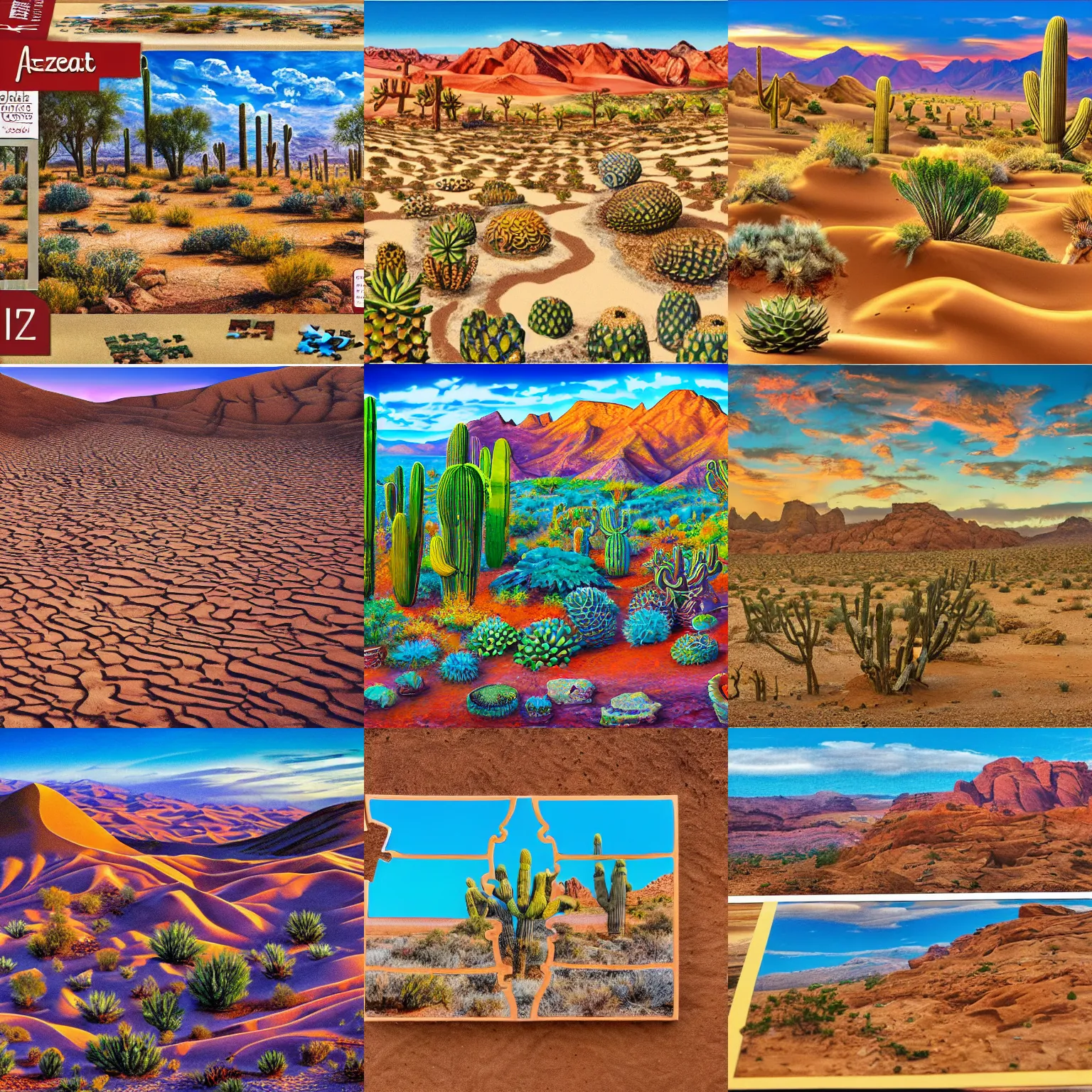 Prompt: a jigsaw puzzle of a desert landscape