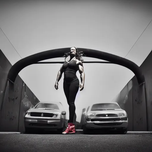 Prompt: car, bodybuilder, woman, holding, road, photo, digital art, hands, underbody, tire, standing