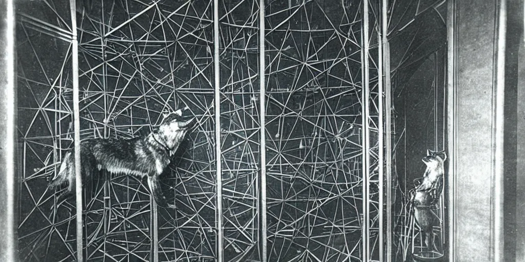 Image similar to anthropomorphic furry wolf inside a giant automaton tower that tracks the stars, 1900s photograph