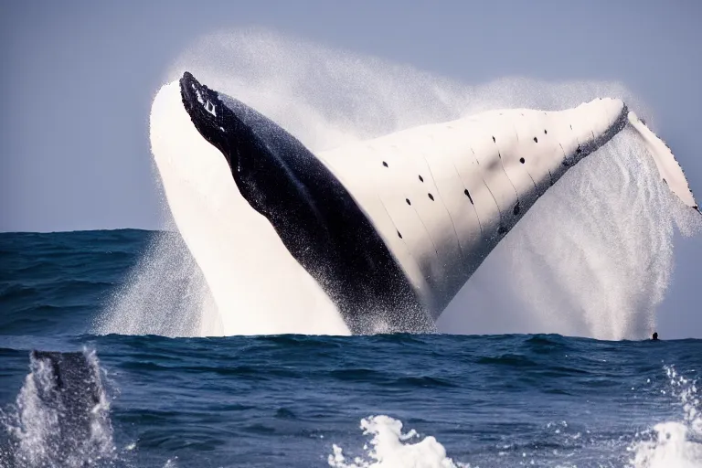 Image similar to photography of a gigantic white whale jumping a wave at nazare