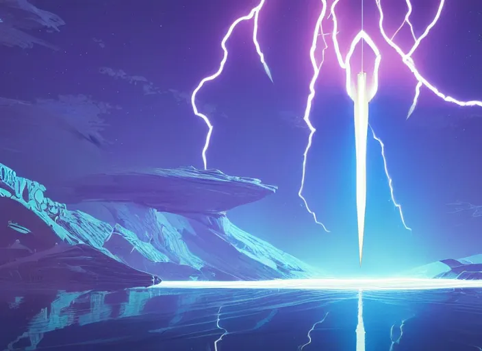 Prompt: a luminescent lightning sword in a lake by paolo eleuteri serpieri and tomer hanuka and chesley bonestell and daniel merriam and tomokazu matsuyama, unreal engine, high resolution render, featured on artstation, octane, 8 k, highly intricate details, vivid colors, vector illustration