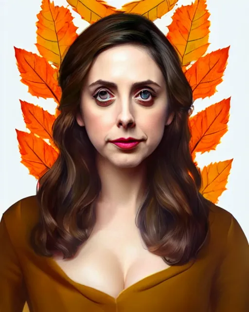Prompt: gorgeous young Alison Brie, realistic character concept, full body, autumn leaves, orange yellow, medium shot, shorter neck, illustration, symmetrical face and body, realistic eyes, cinematic lighting, detailed realistic symmetrical eyes, symmetrical nose, symmetrical pupils, symmetrical nostrils, face by artgerm, symmetrical nose, high resolution, Joshua Middleton, Charlie Bowater, Tom Bagshaw, single face, insanely detailed and intricate, beautiful