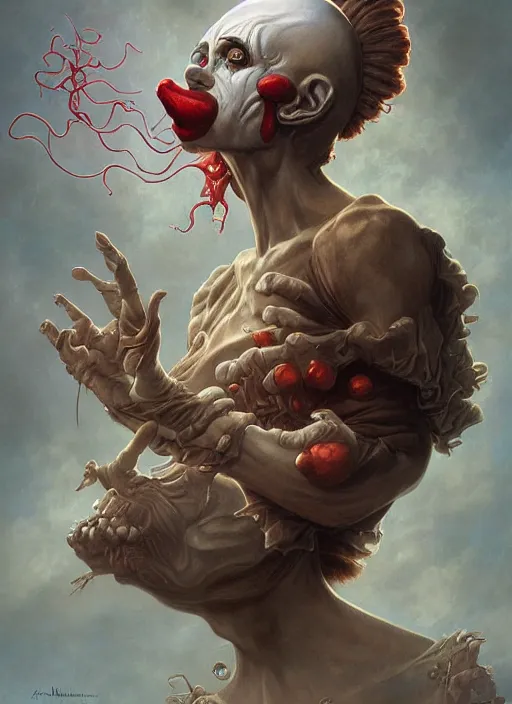 Image similar to too friendly clown, centered, digital painting, smooth, sharp focus, illustration, artgerm, tomasz alen kopera, peter mohrbacher, donato giancola, joseph christian leyendecker, wlop, frank frazetta