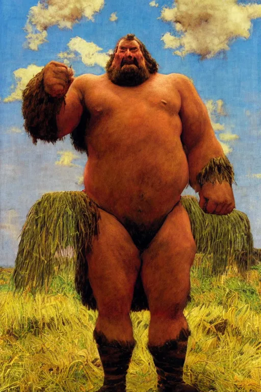 Prompt: full body portrait of huge hulking giant haystacks as superhero, simple background, painted by jack kirby, lawrence alma tadema, norman rockwell, greg staples, wayne barlow, jacob collins, tom lovell, frank schoonover, neville page