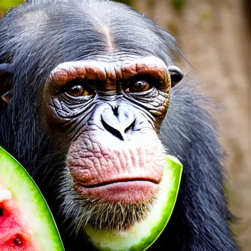 Prompt: Eyes in the size of a watermelon, in the face of a chimpanzee.