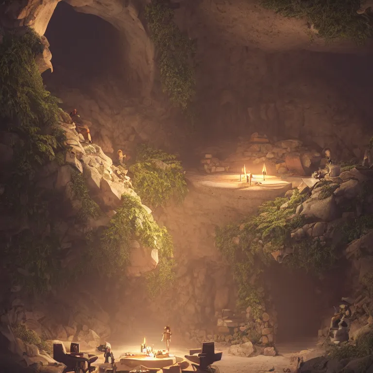 Image similar to secret overwatch habitation quarters carved inside a cave, sheltered, magical, natural light, planters, central tree, candle light, cinematic lighting, clean lines, cozy, fantasy, minimalist architecture, sharp focus, concept art, by greg rutkowski and craig mullins,, octane render 8 k