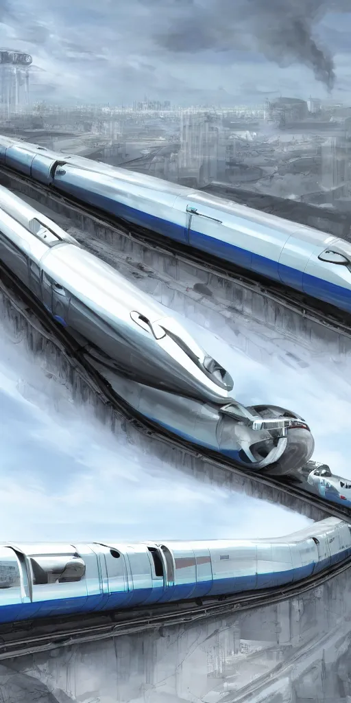 Prompt: concept art, vacuum pipeline maglev train, super high speed, science fiction, future technology, high detail, 8 k.