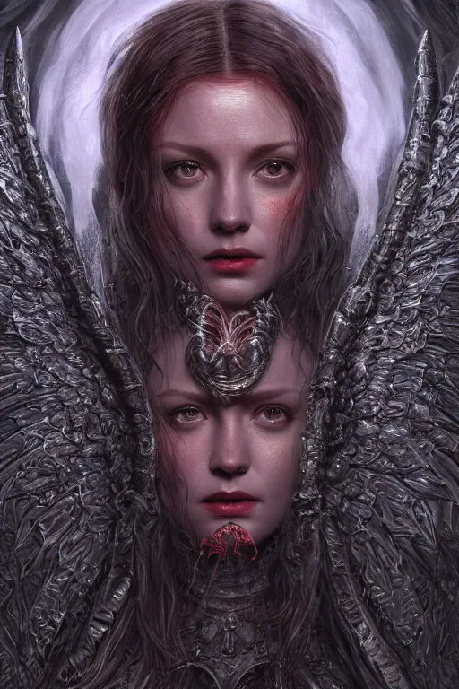 Image similar to realistic portrait of beautifully crystalized and detailed portrait of a angel of death, matte painting of cinematic movie scene red dragon, horror, created by gustave dore and greg rutkowski, high detailed, smooth draw, synthwave neon retro, intricate, realistic proportions, dramatic lighting, trending on artstation.