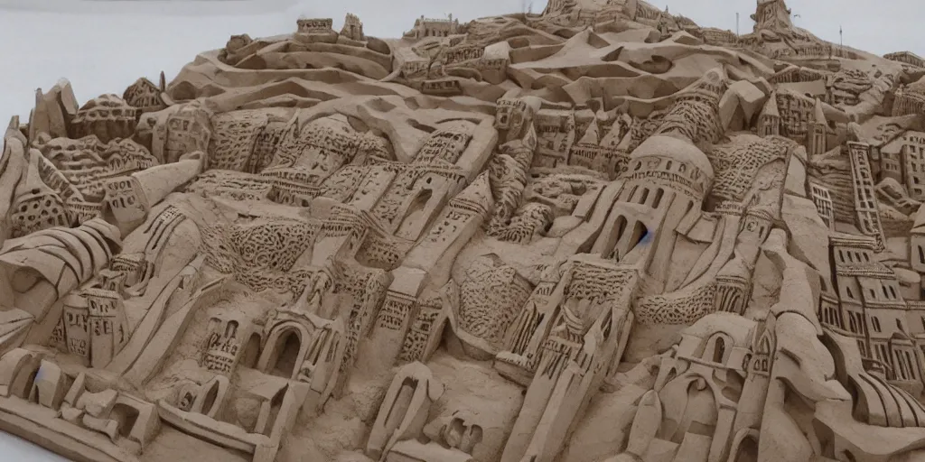 Prompt: photograph of a sand sculpture of a massive detailed medieval town