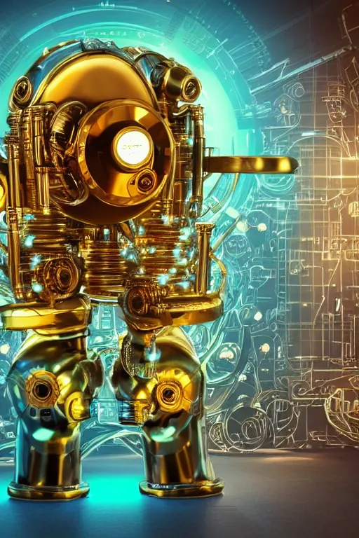 Prompt: portrait photo of a giant golden and blue metal steampunk kitchen robot cook chef with gears and tubes, eyes are green lights, shiny crisp finish, 3 d render, 8 k, insaneley detailed, fluorescent colors, background is multicolored lasershow