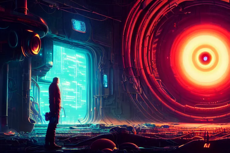 Image similar to portrait of a mystical giant eye, mechanic, dystopian, ( ( cyberpunk ) ), intricate, ( ( ( abstract ) ) ), cinematic, glow, neons, octane render, wlop, greg rutkowski, dan mumford, artgerm