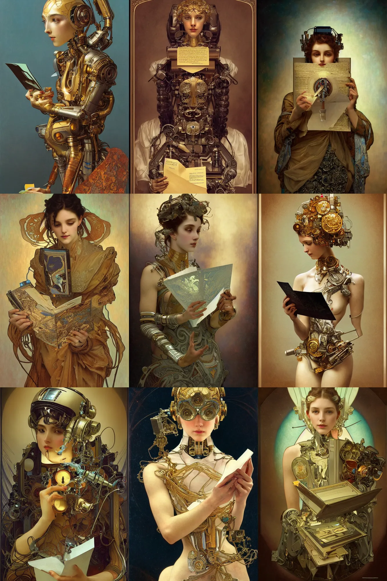 Prompt: a beautiful intricate fine art portrait photo of a transformer robot reading a letter, by tom bagshaw and alphonse mucha, perfection!, studio lighting, golden ratio composition, 3 5 mm lens, deep depth of field, artstation, 8 k