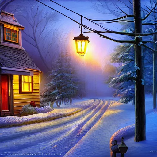 Image similar to street with cottage inspired by Evgeny Lushpin,cable car,winter,nighttime,cinematic,art station