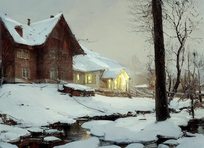 Image similar to oil painting of swedish house in snow landscape, by anders zorn, by greg rutkowski