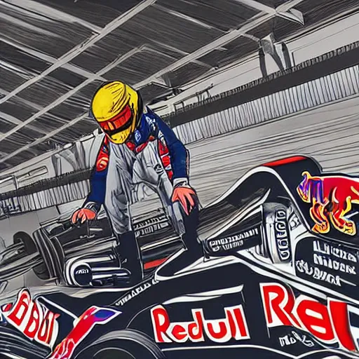 Prompt: illustration of red - bull - mechanic working, formula 1, paddock, style by kienan lafferty knkl