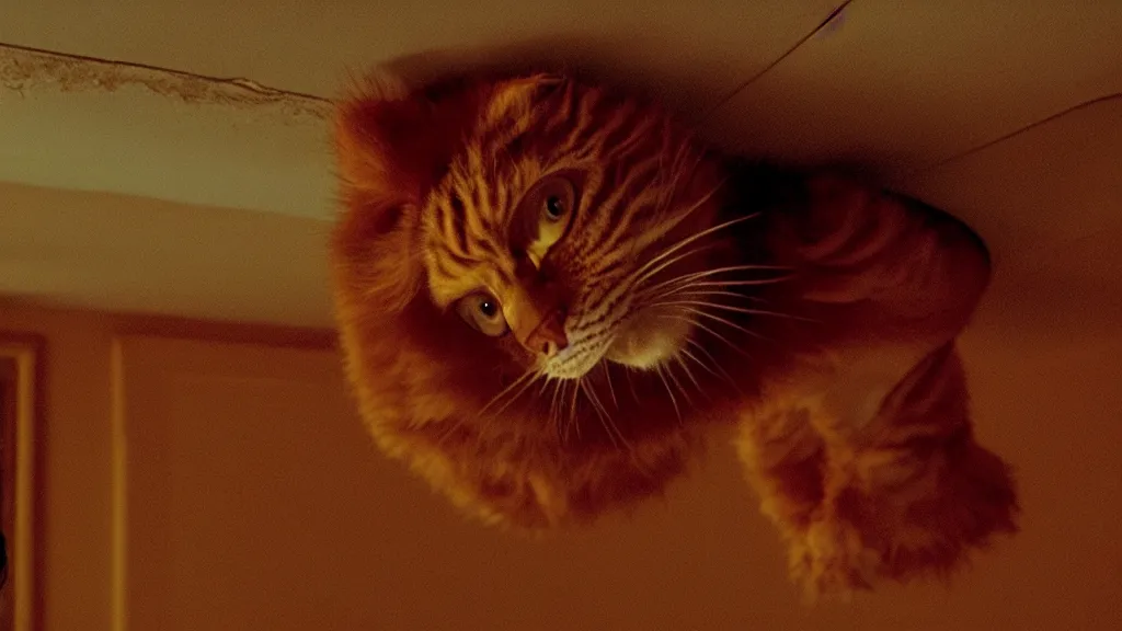 Prompt: a strange Garfield crawls on the living room ceiling, film still from the movie directed by Wes Anderson with art direction by Zdzisław Beksiński, wide lens