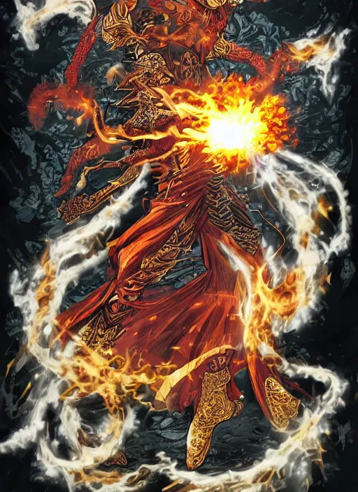 Prompt: A man with fire superpowers in the genshin impact, fantasy, intricate, ornate, Hyperdetailed