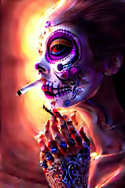 Image similar to ultra detailed, beautiful female android smoking a cigarette, scifi, fantasy, ( dia de los muertos ), triadic color scheme, intricate detailed, global illumination, concept art. smoke, calm, noir. art by godmachine and michael welan and rossdraws and artgerm and greg rutkowski and loish and wlop. 8 k, hdr