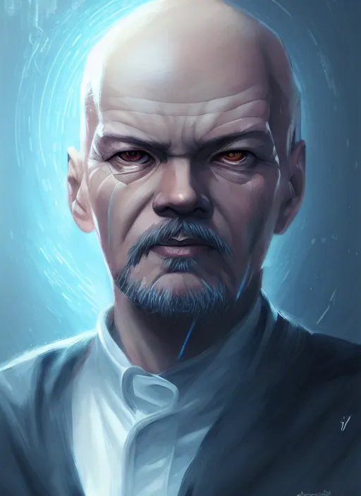 Prompt: « a portrait o cyberpunk vladimir lenin, glowing eyes, a digital painting by charlie bowater, featured on cgsociety, fantasy art, behance hd, wiccan, artstation hd »