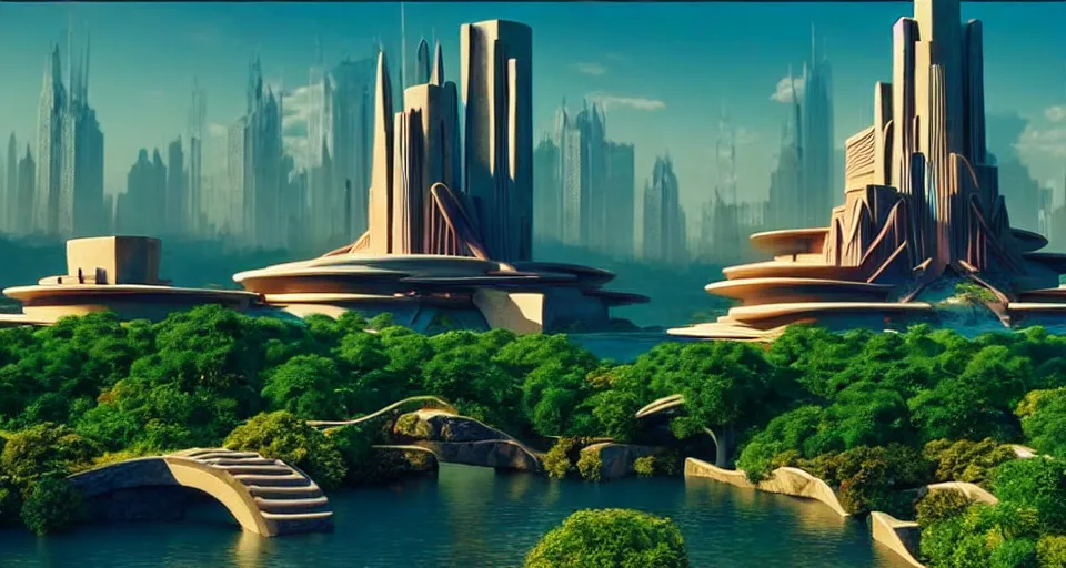 Prompt: An incredibly beautiful establishing shot from a 2020 film featuring utopian fantasy city designed by Frank Lloyd Wright. Very detailed, photorealistic effects.