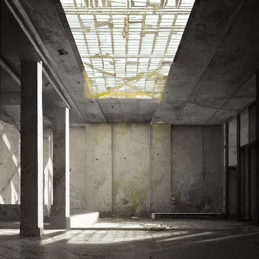 Image similar to “derelict architecture buildings, architecture digest, modern tones, fluorescent lighting,volumetric Lighting, building made by Eero Saarinen, photorealism, high detail, golden ratio, cinematic, octane renderer”