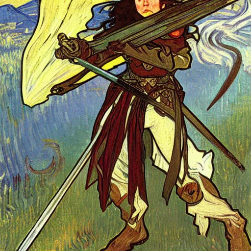 Image similar to painting of elf paladin with long dark hair fighting goblins with his sword, wearing armor, modest, art by alphonse mucha, vincent van gogh, egon schiele,