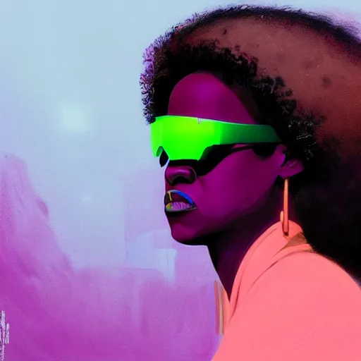 Image similar to viola davis wearing opaque reflective goggles profile picture by Greg Rutkowski, brown skin, long afro hair, asymmetrical, futuristic, neon volumetric lights, cool colors, streetwear, studio ghibli, Organic Painting , Matte Painting, geometric shapes, hard edges, street art, trending on the artstation, fantasy LUT, realistic by Sachin Teng + Martin Grip + Moebius, techwear, Industrial Scifi, detailed illustration, character portrait,