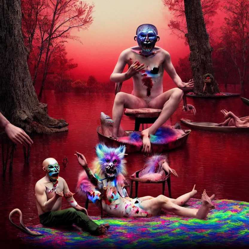 Image similar to a portrait of a beautiful flesh - eating timikawa with rainbow fur eating a screaming man, sitting on chair made of human limbs, the chair is floating in a lake of blood, surrounding the lake are melting trees, digital art, hyperrealistic nightmare scene, supernatural, highly detailed, creepy, terrifying