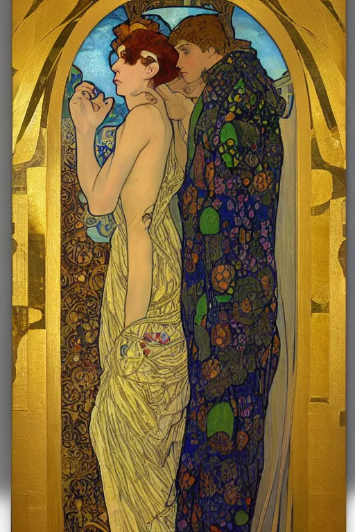 Image similar to a full body portrait of the annunciation oil painting cross between the styles of alphonse mucha and gustav klimt gold leaf, intricate detailed,