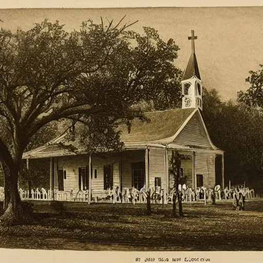 Image similar to 1 9 th century southern gothic scene of a religious gathering, louisiana, bayou in the background, old white wooden church