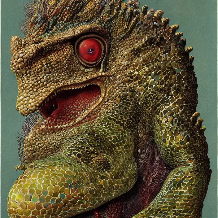 Prompt: close up portrait of an mutant monster creature with proud, reptilian allure, iridescent scales, dovish feathers, diaphanous fungic protuberances. jan van eyck, walton ford