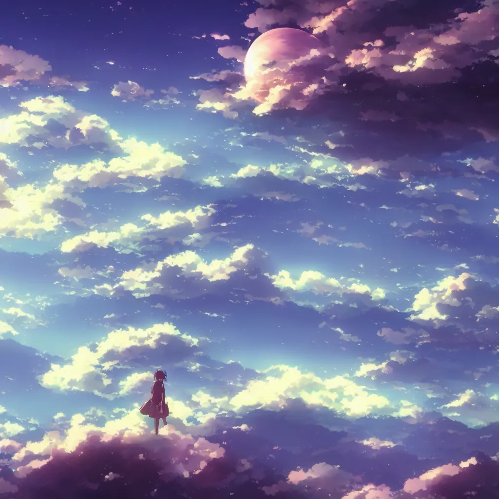 Prompt: Big green sphere high in the sky, beautiful matte painting by Makoto Shinkai,