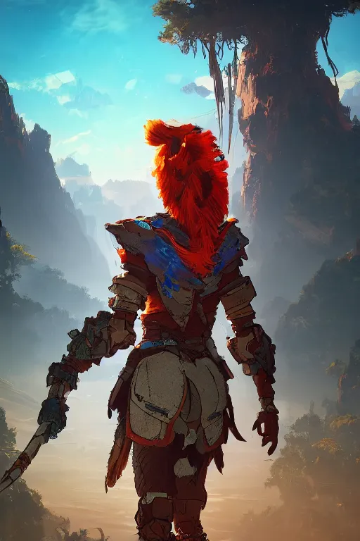 Image similar to combination suit armor aloy horizon forbidden west horizon zero dawn radiating a glowing aura global illumination ray tracing hdr fanart arstation by ian pesty and alena aenami artworks in 4 k tribal robot ninja mask helmet backpack