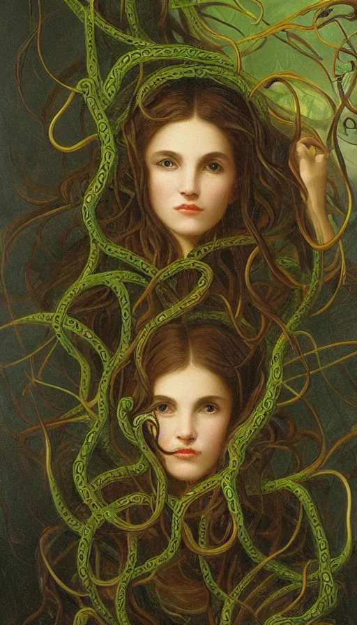 Image similar to very detailed portrait of a 2 0 years old girl surrounded by tentacles, the youg woman visage is blooming from fractal and vines, by albert bierstadt,