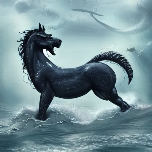 Image similar to kelpie : this sea monster takes on several shapes, but usually comes as a horse. this monster can look like a lost pony, with its mane dripping with water, and tricks women and children to ride on it. it then takes its unlucky rider to the water to drown and eat its victim. 8 k digital art, trending on artstation, sharp focus,