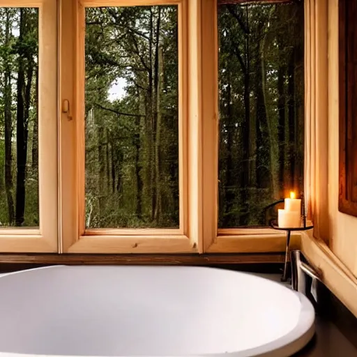 Image similar to close up shot of a bathtub in a small bathroom, bath with candles, large windows outside to a forest at night, interior design