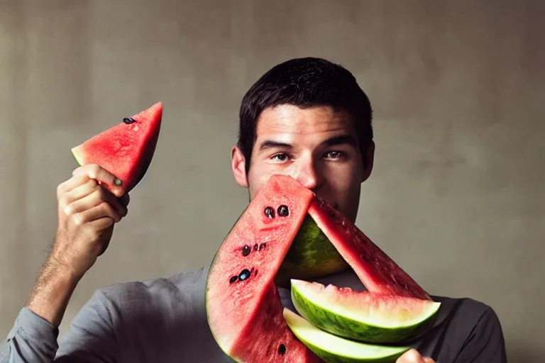 Image similar to closeup portrait of a young man punching a watermelon into a smoothie, magazine, press, photo, steve mccurry, david lazar, canon, nikon, focus