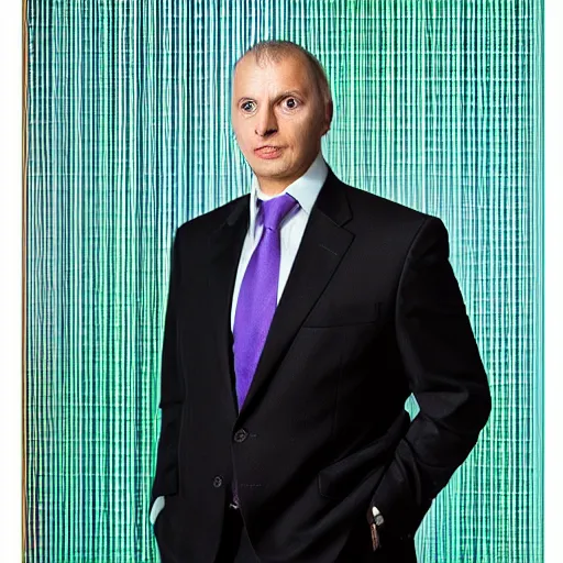 Prompt: augustus aloysius corporate portrait, senior sales marketing acquisitions ceo executive vp, purple green color scheme, professional studio lighting, hyperreal detailed lifelike facial features, corporate portraiture photographed by andreas gursky